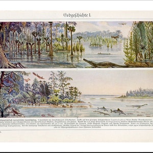 C. 1903 PREHISTORIC SCENERY lithograph - original antique print - geological history • Jurassic Dinosaurs pterodactyl Ichthyosaur
