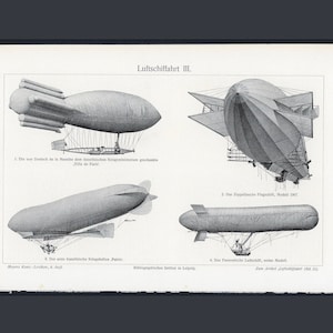 May include: A black and white illustration of four different types of airships. The image is titled "Luftschiffahrt III." and includes the text "Die van Deutsch de la Meurthe dem franzosischen Kriegsministerium gebauten "Ville de Paris."  "Das Zeppelinische Flugschiff, Modell 1907." "Das erste deutsche Kriegsluftschiff "Parseval." "Das Franzosische Luftschiff, erstes Modell."