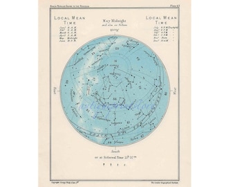 May include: A vintage star chart showing the constellations visible in the night sky in May. The chart is printed on a light blue background with black lines and white text. The constellations are labelled with their names and numbers. The chart is titled "May Midnight" and includes the local mean time for each month of the year.