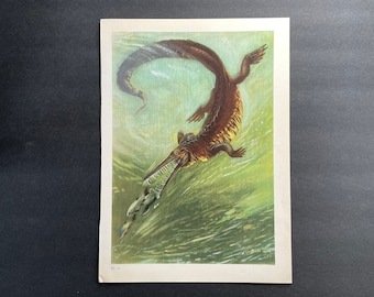 C. 1960 Litografía de PAISAJE PREHISTÓRICO SUBACUÁTICO • impresión vintage original • animales extintos • escena de dinosaurios • Arte Paleo • Mesosaurus