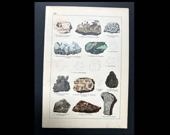 c. 1878 • GEMS & MINERAL lithograph • original antique print • mineralogy print • precious stone - geology print • rocks • ores • stones