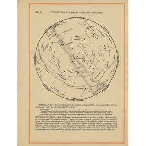 STAR MAP c. 1926 • Cielo nocturno en agosto y septiembre • impresión de astronomía vintage original • mapa de constelación • mapa celeste • Mapas mensuales
