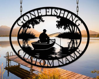 Metal Fishing Boat Scene Wall Art Fisher Name Sign Lakehouse Sign Cabin Decor Fishing Gift for Men Custom Fishing Sign, Fisherman Gift