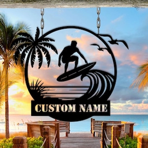 Custom Surfer Metal Sign, Personalized Beach Wall, Surfboard Ocean Decor, Surfer Name Metal, Wave metal art, Tropical sign, Gift for beach