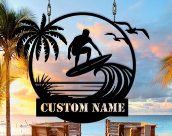 Letrero metálico de surfista personalizado, pared de playa personalizada, decoración oceánica con tabla de surf, nombre de surfista metálico, arte metálico de olas, letrero tropical, regalo para la playa