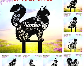 May include: Black metal cat garden stake with floral accents and the name "Simba" and dates "2015-2025". The stake features a decorative cat silhouette with a fluffy tail and is displayed in a garden setting. The text "UP TO 20 STYLE" is at the top.
