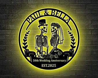 Couple Skeleton Couple Metal Art LED, Couple Name Sign Couple Gifts, Skeleton Lovers Gift,Home Decor,Skeleton Decor,Anniversary Gift for her