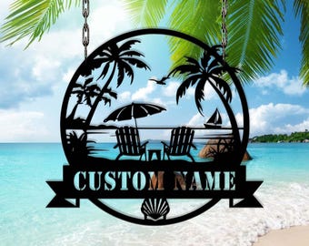 Custom Beach Scene Metal Sign, Personalized Coastal Wall, Beach House Sign, Coastal Home Decor, Sunset wall sign, Beach cabin, Vacation sign