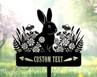 Custom Bunny Garden Sign, Personalized Rabbit Metal Yard, Rabbit Lover Gift, Floral Bunny Garden Decor, Rabbit flower sign, Bunny name sign