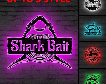 Personalized Great White Shark Metal Wall Art LED Light Personalized Shark Lover Name Sign Beach House Decor Boy Nursery Decoration Xmas