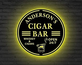 Benutzerdefinierte Cigar Lounge Metallschild LED-Licht, Zigarrenlounge Metallwanddekor, Whiskybar Decor Cigar Lounge Namensschild, Mannhöhlenschild, Geschenk für Papa