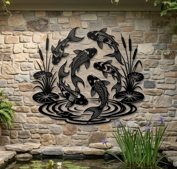 Koi Fish Metal Wall Art, Outdoor Pond Decor, Japanese Zen Garden Wall Hanging, Koi Pond