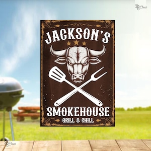 Custom Smokehouse BBQ Metallschild - personalisiertes Grillschild - Barbeque-Schild - personalisiertes Grill-Wand-Kunst-Hinterhof-Dekor-Geschenk für Papa Papa