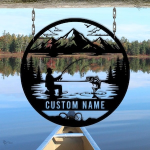 Letrero de metal de pesca personalizado, letrero de pescador personalizado, regalo de pescador personalizado, decoración de bosque, letrero de bosque, arte de pesca de lubina, regalo para papá