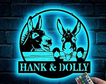 Custom Funny Two Donkey Metal Wall Art LED Light Personalized Donkey Barn Name Sign Home Decor Donkey Barn Decor Farmhouse Decor Farm Sign