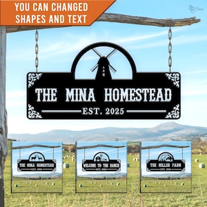 Puede incluir: Un letrero de metal negro con el texto "THE MINA HOMESTEAD EST. 2025" en blanco, colgado de cadenas. El letrero presenta una silueta de molino de viento y adornos decorativos. También se muestran otros diseños de letreros con texto diferente.