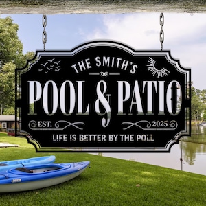 Könnte beinhalten: Schwarzes Metallschild mit der Aufschrift "THE SMITH'S POOL & PATIO" und dem Satz "LIFE IS BETTER BY THE POOL". Das Schild hängt an Ketten und trägt die Jahreszahl 2025. Im Vordergrund sind zwei blaue Kajaks zu sehen.