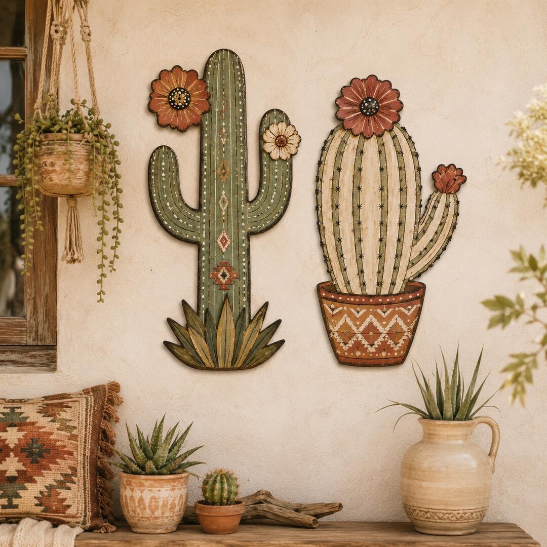 Rustic Cactus Sign Floral Cactus Metal Sign, Southwest Wall Decor With Potted Cactus ...