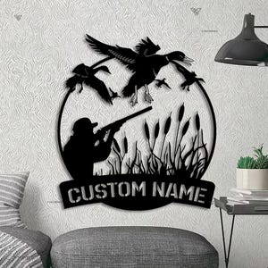 Letrero de metal personalizado para caza de patos, letrero personalizado con el nombre del cazador, decoración del hogar, letrero de caza de patos en la cabaña, regalo de cumpleaños, regalo para papá, regalo de cazador
