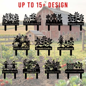 May include: A collection of eleven black metal garden stakes featuring various vegetable and harvest designs. Each stake includes a personalized name or title such as The Green Thumb Garden, Danny's Veggie Plot, Miller's Kitchen Garden, Tomatos Garden, Danny's Bounty, Tomatis Garden, Sara's Harvest, Gemma's Harvest, Dolce's Family Vegetables, Harvest Home Garden, and Mom's Gourmet Garden.