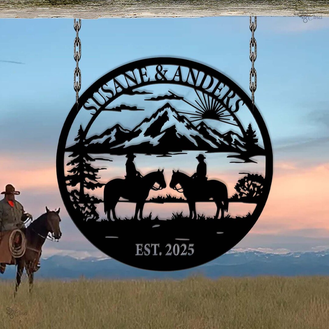 Custom Cowboy Ranch Sign, Personalized Couple Horseback, Western Couple ...