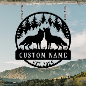 Letrero de metal personalizado de pareja de lobos, letrero de metal personalizado de bosque, letrero de metal de pareja de lobos, metal de lobo de bosque, decoración rústica de cabaña, regalo para cazador