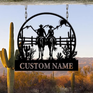 Custom bord cowboy koppel, gepersonaliseerde western metal kunst met paard, bord koppel met paard, decor paard, bord boerderij aangepast, boerderijcadeau
