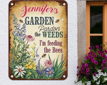 Enseigne personnalisée de jardin d'abeilles, enseigne de fleurs sauvages personnalisée, jardin de pollinisateurs, cadeau pour maman, enseigne de jardin drôle, rucher, décor botanique, cadeau abeille