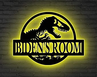 Gepersonaliseerde dinosaurus wanddecoratie led, aangepaste dinosauruskunst, Jura-naambord, kinderkamerdecor, buiten T-Rex decor, verjaardagscadeau voor jongens