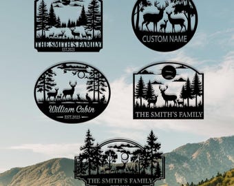 Customized Deer Forest Metal Cabin Sign Deer Hunter Gift, Personalized Metal Family Name Sign,Wildlife Deer Decor Outdoor Decor Hunting Sign