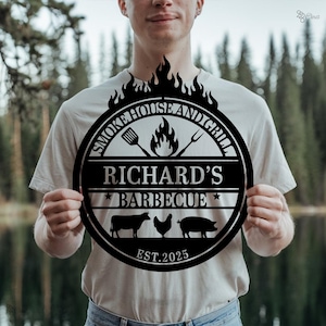 Benutzerdefiniertes BBQ-Räucherhaus-Schild, personalisiertes Grill-Metallschild, Richards BBQ-Metall, Grillmetall, Grillschild mit Name, Garten-Grill