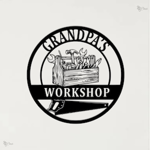 Może przedstawiać: Czarno-biały okrągły znak z napisem "GRANDPA'S WORKSHOP". Projekt zawiera skrzynkę narzędziową wypełnioną narzędziami, piłę i czarną obwódkę. Tło jest białe.