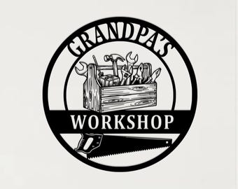 Personalized Grandpa’s Workshop Sign, Toolbox and Saw Metal, Grandpa’s Tool Room Sign, Workshop Sign for Grandpa, Workshop sign,Gift for dad