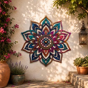 May include: A circular wall art piece featuring a multi-layered mandala design with intricate petal-shaped cutouts. The artwork displays a vibrant gradient of teal, blue, magenta, and copper tones, centered with a small gold-colored sphere.