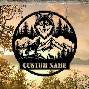 Custom Wolf Metal Sign, Personalized Mountain Scene Hanging, Wolf Mountain Metal Sign, Personalized Wolf Name Sign, Woodland animal signs