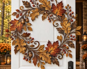 Corona metálica con hojas de otoño, decoración rústica otoñal para puerta con hojas de arce, bellotas y bayas para porche o entrada.