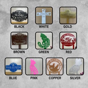 Puede incluir: Una colecci&oacute;n de estacas decorativas para jard&iacute;n en varios colores, incluyendo negro, blanco, dorado, marr&oacute;n, verde, rojo, azul, rosa, cobre y plateado. Cada estaca presenta dise&ntilde;os y textos &uacute;nicos, adecuados para jardines y memoriales.