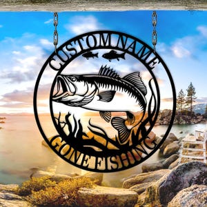 Personalized Gone Fishing Sign, Metal Fishing Wall Art, Fishermen Gift, Bass Fish Metal, Fishing cabin gift, Fishing home decor,Gift for dad