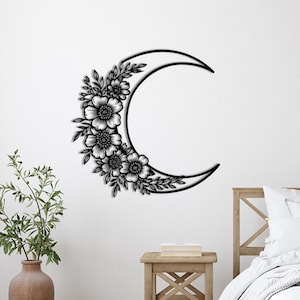 Bloemen wassende maan metalen muurkunst, boho maan decor, woondecoratie hemelse muur hangen, maan bloem metalen muur kunst, maan bloemen muur decor
