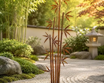 Rustic Bamboo Metal Art, Outdoor Plant Sculpture For Japanese Garden Pathway Or Backyard Decor
