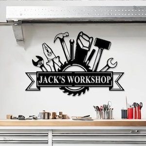 Letrero metálico personalizado para taller, regalo para papá, letrero personalizado para garaje, decoración personalizada para la guarida del hombre, letrero para taller mecánico, decoración para taller de carpintería