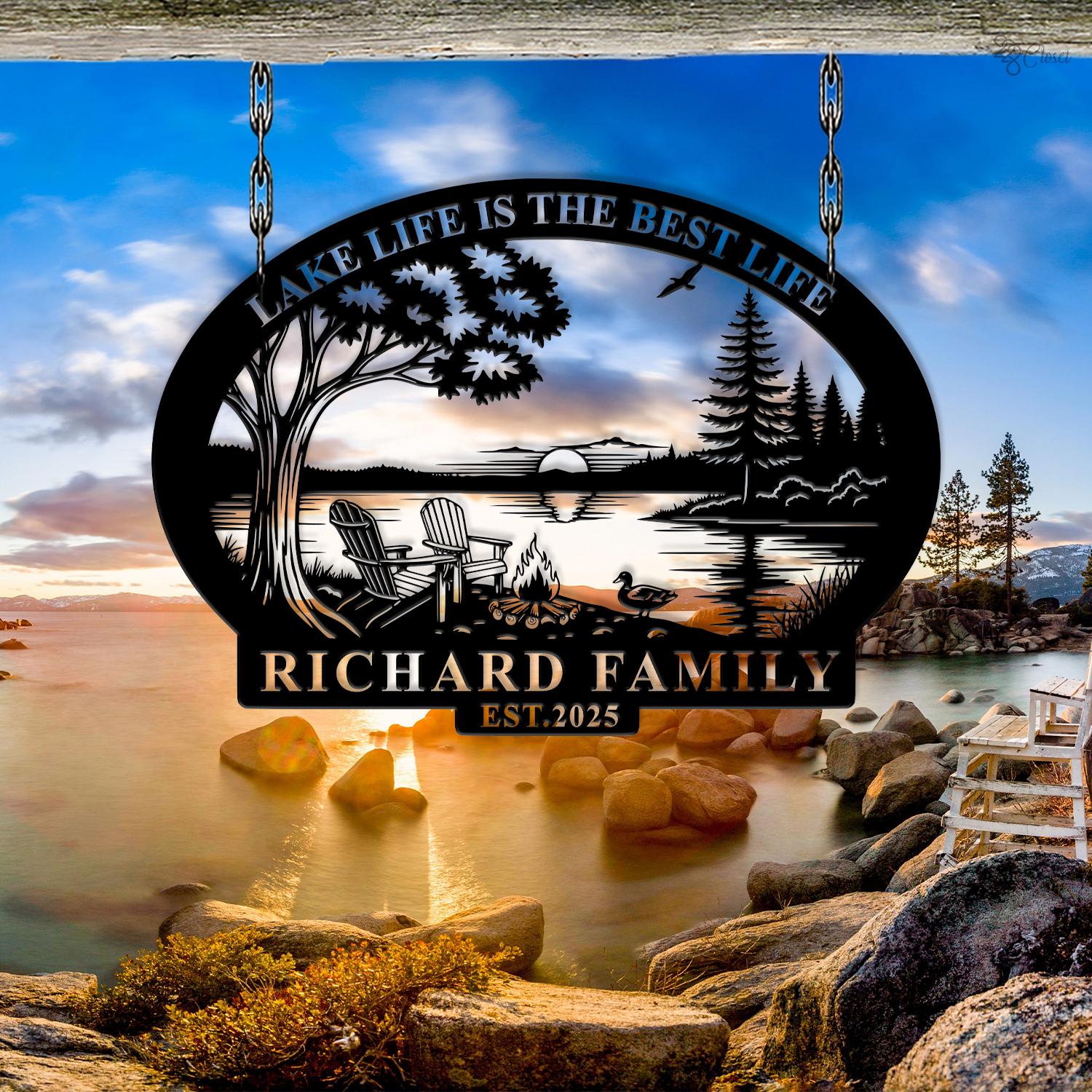Custom Lake House Metal Sign, Lake Life Family Name Sign, Cabin Decor ...