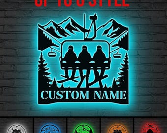 Gepersonaliseerde skilift led-bord, aangepaste ski-paar kunst aan de muur, man Cave decor, ski lodge cadeau, kerstcadeau voor skiër, wintersport cadeau cadeau voor hem