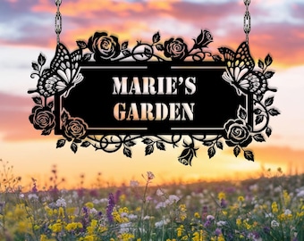 Benutzerdefiniertes Gartenschild mit Schmetterlingen und Rosen, Maries Garten-Hängesschild, Schmetterlingsschild, Rosengartenschild, hängendes Gartenschild, Muttergeschenk