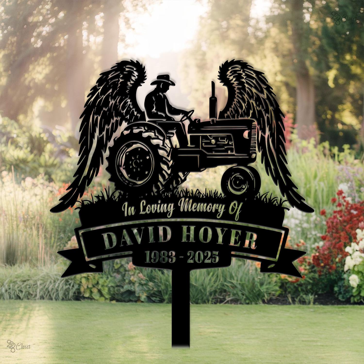 Farmer Memorial Sign with Tractor, Grave Marker with Angel Wings, Sympathy Gift, Remembrance Sign, Tractor Memorial Yard Sign,Memorial gift