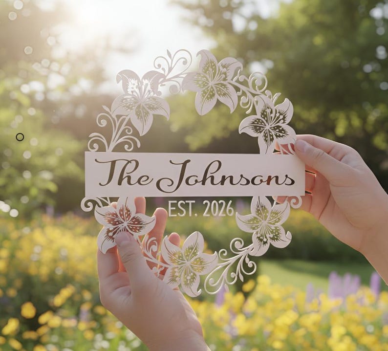 Puede incluir: Una corona floral blanca cortada con l&aacute;ser con el texto "The Johnsons EST. 2026". La corona presenta dise&ntilde;os detallados de flores de lirio y se sostiene frente a un fondo borroso al aire libre.