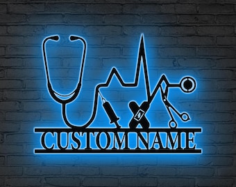 Letrero decorativo de pared con el símbolo médico personalizado del caduceo, luces LED, letrero personalizado con el nombre del médico, letrero para consultorio médico, regalo para médicos, regalo para estudiantes de medicina