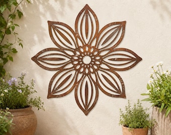Rustic Flower Metal Wall Art, Large Floral Garden Decor, Outdoor Patio Wall Hanging, Farmhouse Decor, Housewarming Gift