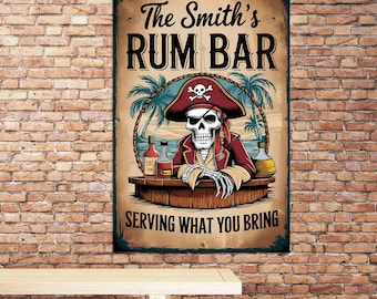 Insegna personalizzata per bar con rum pirata, parete con scheletro personalizzata, insegna per bar con scheletro pirata, parete da bar, arredamento caraibico, insegna umoristica da bar, insegna con scheletro