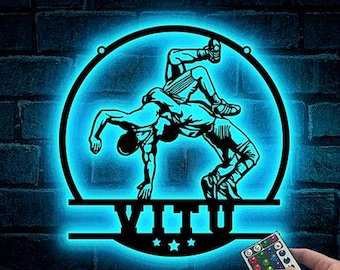 Letrero luminoso LED personalizado de lucha libre con nombre de luchador. Regalo para atleta. Decoración para habitación deportiva. Regalo de Navidad para niños. Letrero de lucha libre. Decoración de pared de lucha libre.